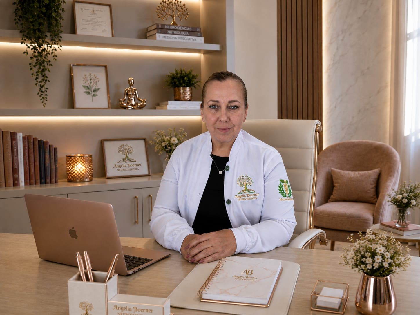 Angella Boerner sentada à mesa do seu consultório, de jaleco branco
